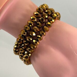 Metallic Gold Glass Beaded Multi Layer Stretch Bracelet Statement Bold Stacking